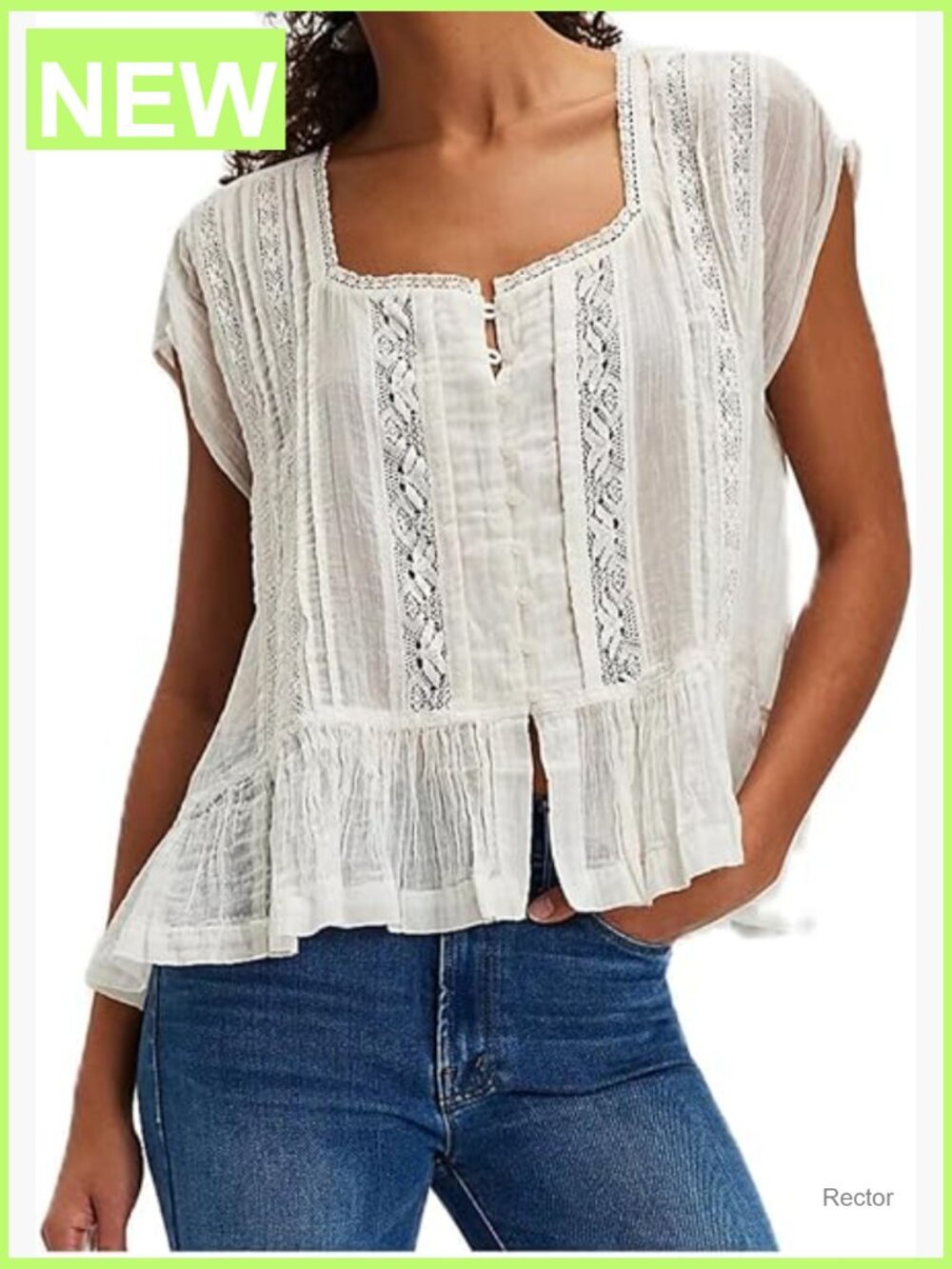 Flowey Sheer Lace Embroidered Babydoll Button Down Blouse - Picture 1 of 4